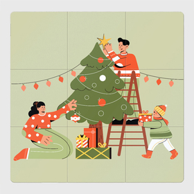 Магнитный плакат 3Х3 с принтом Семья наряжает новогоднюю елку в Курске, Полимерный материал с магнитным слоем | 9 деталей размером 9*9 см | 