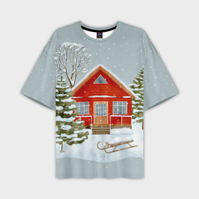 Мужская футболка oversize 3D с принтом Красный дом в зимнем лесу в Новосибирске,  |  | Тематика изображения на принте: 