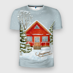 Мужская футболка 3D Slim с принтом Красный дом в зимнем лесу в Новосибирске, 100% полиэстер с улучшенными характеристиками | приталенный силуэт, круглая горловина, широкие плечи, сужается к линии бедра | Тематика изображения на принте: 