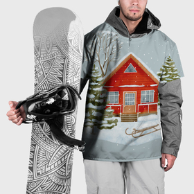 Накидка на куртку 3D с принтом Красный дом в зимнем лесу в Новосибирске, 100% полиэстер |  | Тематика изображения на принте: 
