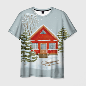 Мужская футболка 3D с принтом Красный дом в зимнем лесу в Новосибирске, 100% полиэфир | прямой крой, круглый вырез горловины, длина до линии бедер | Тематика изображения на принте: 