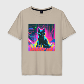 Мужская футболка хлопок Oversize с принтом Черная кошка абстракция в Курске, 100% хлопок | свободный крой, круглый ворот, “спинка” длиннее передней части | 