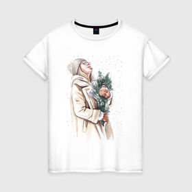 Женская футболка хлопок с принтом Девушка  на снегу в Екатеринбурге, 100% хлопок | прямой крой, круглый вырез горловины, длина до линии бедер, слегка спущенное плечо | 