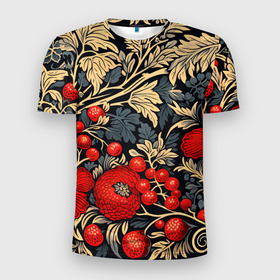 Мужская футболка 3D Slim с принтом Новогодние  ягодки и узоры в Курске, 100% полиэстер с улучшенными характеристиками | приталенный силуэт, круглая горловина, широкие плечи, сужается к линии бедра | Тематика изображения на принте: 