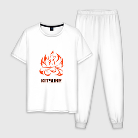 Мужская пижама хлопок с принтом Огненная лисица демон кицуне в Екатеринбурге, 100% хлопок | брюки и футболка прямого кроя, без карманов, на брюках мягкая резинка на поясе и по низу штанин
 | 