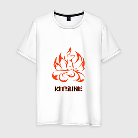 Мужская футболка хлопок с принтом Огненная лисица демон кицуне в Екатеринбурге, 100% хлопок | прямой крой, круглый вырез горловины, длина до линии бедер, слегка спущенное плечо. | 