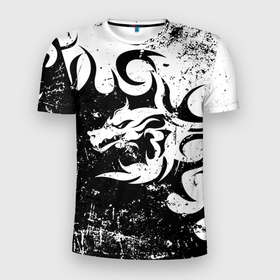 Мужская футболка 3D Slim с принтом Черно белый дракон 2024 в Курске, 100% полиэстер с улучшенными характеристиками | приталенный силуэт, круглая горловина, широкие плечи, сужается к линии бедра | 