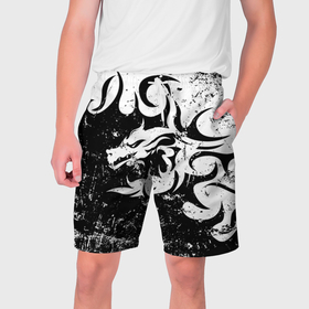 Мужские шорты 3D с принтом Черно белый дракон 2024 в Тюмени,  полиэстер 100% | прямой крой, два кармана без застежек по бокам. Мягкая трикотажная резинка на поясе, внутри которой широкие завязки. Длина чуть выше колен | 