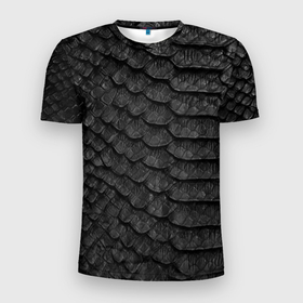 Мужская футболка 3D Slim с принтом черная кожа рептилии в Новосибирске, 100% полиэстер с улучшенными характеристиками | приталенный силуэт, круглая горловина, широкие плечи, сужается к линии бедра | 