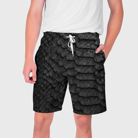 Мужские шорты 3D с принтом черная кожа рептилии в Новосибирске,  полиэстер 100% | прямой крой, два кармана без застежек по бокам. Мягкая трикотажная резинка на поясе, внутри которой широкие завязки. Длина чуть выше колен | 