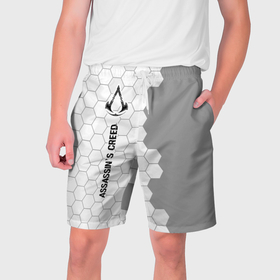 Мужские шорты 3D с принтом Assassins Creed glitch на светлом фоне по вертикали в Новосибирске,  полиэстер 100% | прямой крой, два кармана без застежек по бокам. Мягкая трикотажная резинка на поясе, внутри которой широкие завязки. Длина чуть выше колен | 