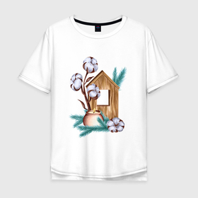 Мужская футболка хлопок Oversize с принтом Деревянный домик со свечой, хлопком и еловыми ветками , 100% хлопок | свободный крой, круглый ворот, “спинка” длиннее передней части | 