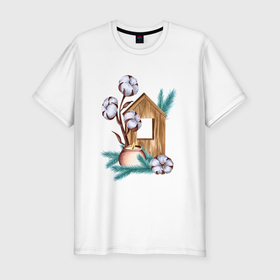 Мужская футболка хлопок Slim с принтом Деревянный домик со свечой, хлопком и еловыми ветками в Екатеринбурге, 92% хлопок, 8% лайкра | приталенный силуэт, круглый вырез ворота, длина до линии бедра, короткий рукав | 