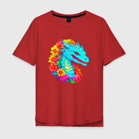 Мужская футболка хлопок Oversize с принтом Дракон в цветах в Белгороде, 100% хлопок | свободный крой, круглый ворот, “спинка” длиннее передней части | Тематика изображения на принте: 