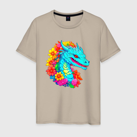Мужская футболка хлопок с принтом Дракон в цветах в Белгороде, 100% хлопок | прямой крой, круглый вырез горловины, длина до линии бедер, слегка спущенное плечо. | 