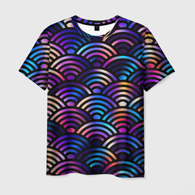 Мужская футболка 3D с принтом Разноцветные волны чешуйки в Тюмени, 100% полиэфир | прямой крой, круглый вырез горловины, длина до линии бедер | Тематика изображения на принте: 