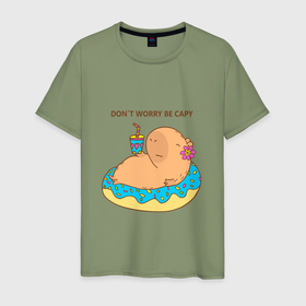 Мужская футболка хлопок с принтом Капибара с пончиком don t worry be capy в Белгороде, 100% хлопок | прямой крой, круглый вырез горловины, длина до линии бедер, слегка спущенное плечо. | 