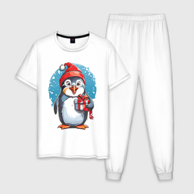 Мужская пижама хлопок с принтом Пингвин с новогодним подарком в Новосибирске, 100% хлопок | брюки и футболка прямого кроя, без карманов, на брюках мягкая резинка на поясе и по низу штанин
 | Тематика изображения на принте: 