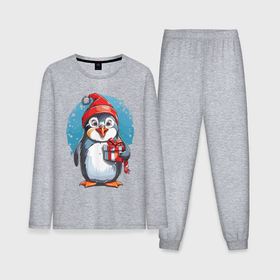 Мужская пижама с лонгсливом хлопок с принтом Пингвин с новогодним подарком в Курске,  |  | 