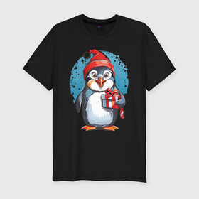 Мужская футболка хлопок Slim с принтом Пингвин с новогодним подарком в Тюмени, 92% хлопок, 8% лайкра | приталенный силуэт, круглый вырез ворота, длина до линии бедра, короткий рукав | 