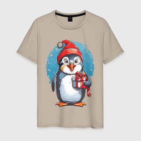 Мужская футболка хлопок с принтом Пингвин с новогодним подарком в Тюмени, 100% хлопок | прямой крой, круглый вырез горловины, длина до линии бедер, слегка спущенное плечо. | 