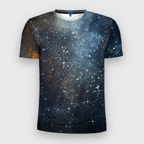 Мужская футболка 3D Slim с принтом Темное космическое звездное небо в Тюмени, 100% полиэстер с улучшенными характеристиками | приталенный силуэт, круглая горловина, широкие плечи, сужается к линии бедра | 