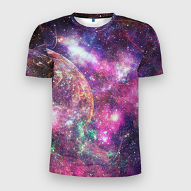 Мужская футболка 3D Slim с принтом Пурпурные космические туманности со звездами в Кировске, 100% полиэстер с улучшенными характеристиками | приталенный силуэт, круглая горловина, широкие плечи, сужается к линии бедра | 
