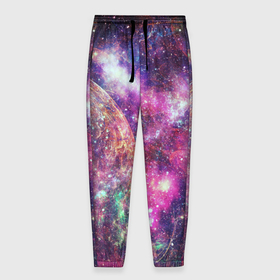 Мужские брюки 3D с принтом Пурпурные космические туманности со звездами , 100% полиэстер | манжеты по низу, эластичный пояс регулируется шнурком, по бокам два кармана без застежек, внутренняя часть кармана из мелкой сетки | 