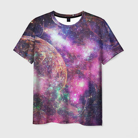 Мужская футболка 3D с принтом Пурпурные космические туманности со звездами в Тюмени, 100% полиэфир | прямой крой, круглый вырез горловины, длина до линии бедер | Тематика изображения на принте: 
