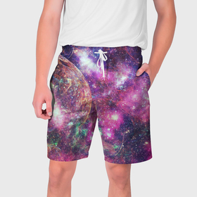 Мужские шорты 3D с принтом Пурпурные космические туманности со звездами ,  полиэстер 100% | прямой крой, два кармана без застежек по бокам. Мягкая трикотажная резинка на поясе, внутри которой широкие завязки. Длина чуть выше колен | 
