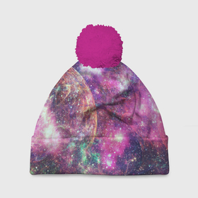 Шапка 3D c помпоном с принтом Пурпурные космические туманности со звездами в Кировске, 100% полиэстер | универсальный размер, печать по всей поверхности изделия | 