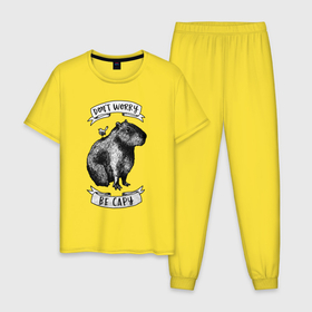 Мужская пижама хлопок с принтом Capybara and lil bird в Тюмени, 100% хлопок | брюки и футболка прямого кроя, без карманов, на брюках мягкая резинка на поясе и по низу штанин
 | 