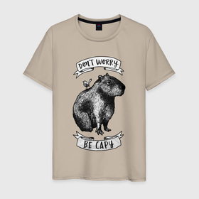 Мужская футболка хлопок с принтом Capybara and lil bird в Кировске, 100% хлопок | прямой крой, круглый вырез горловины, длина до линии бедер, слегка спущенное плечо. | Тематика изображения на принте: 
