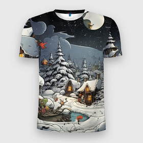 Мужская футболка 3D Slim с принтом Волшебство новогодней ночи в Екатеринбурге, 100% полиэстер с улучшенными характеристиками | приталенный силуэт, круглая горловина, широкие плечи, сужается к линии бедра | 