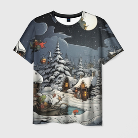 Мужская футболка 3D с принтом Волшебство новогодней ночи в Новосибирске, 100% полиэфир | прямой крой, круглый вырез горловины, длина до линии бедер | Тематика изображения на принте: 