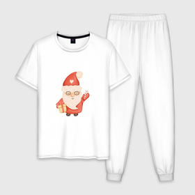 Мужская пижама хлопок с принтом Дед Мороз с подарком на Новый год в Екатеринбурге, 100% хлопок | брюки и футболка прямого кроя, без карманов, на брюках мягкая резинка на поясе и по низу штанин
 | Тематика изображения на принте: 