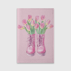 Обложка для паспорта матовая кожа с принтом Розовый цветы в ботинках в Курске, натуральная матовая кожа | размер 19,3 х 13,7 см; прозрачные пластиковые крепления | 
