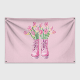 Флаг-баннер с принтом Розовый цветы в ботинках в Кировске, 100% полиэстер | размер 67 х 109 см, плотность ткани — 95 г/м2; по краям флага есть четыре люверса для крепления | 