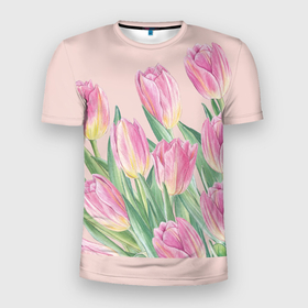 Мужская футболка 3D Slim с принтом Розовые весенние  тюльпаны , 100% полиэстер с улучшенными характеристиками | приталенный силуэт, круглая горловина, широкие плечи, сужается к линии бедра | Тематика изображения на принте: 