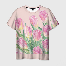 Мужская футболка 3D с принтом Розовые весенние  тюльпаны , 100% полиэфир | прямой крой, круглый вырез горловины, длина до линии бедер | 