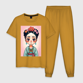Мужская пижама хлопок с принтом Мультяшная Фрида Кало   нейросеть в Курске, 100% хлопок | брюки и футболка прямого кроя, без карманов, на брюках мягкая резинка на поясе и по низу штанин
 | 