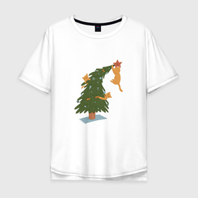 Мужская футболка хлопок Oversize с принтом Новогодняя ёлка с котами в Тюмени, 100% хлопок | свободный крой, круглый ворот, “спинка” длиннее передней части | Тематика изображения на принте: 