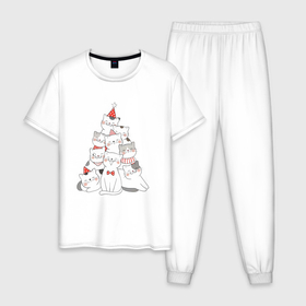 Мужская пижама хлопок с принтом Новогодняя ёлка из милых котят в Екатеринбурге, 100% хлопок | брюки и футболка прямого кроя, без карманов, на брюках мягкая резинка на поясе и по низу штанин
 | 