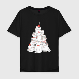 Мужская футболка хлопок Oversize с принтом Новогодняя ёлка из милых котят в Тюмени, 100% хлопок | свободный крой, круглый ворот, “спинка” длиннее передней части | Тематика изображения на принте: 