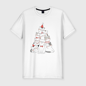 Мужская футболка хлопок Slim с принтом Новогодняя ёлка из милых котят в Новосибирске, 92% хлопок, 8% лайкра | приталенный силуэт, круглый вырез ворота, длина до линии бедра, короткий рукав | 