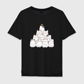 Мужская футболка хлопок Oversize с принтом Милые коты ёлка на новый год в Екатеринбурге, 100% хлопок | свободный крой, круглый ворот, “спинка” длиннее передней части | Тематика изображения на принте: 