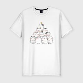 Мужская футболка хлопок Slim с принтом Милые коты ёлка на новый год в Екатеринбурге, 92% хлопок, 8% лайкра | приталенный силуэт, круглый вырез ворота, длина до линии бедра, короткий рукав | Тематика изображения на принте: 