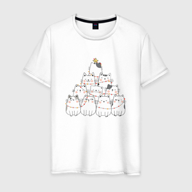 Мужская футболка хлопок с принтом Милые коты ёлка на новый год в Белгороде, 100% хлопок | прямой крой, круглый вырез горловины, длина до линии бедер, слегка спущенное плечо. | 