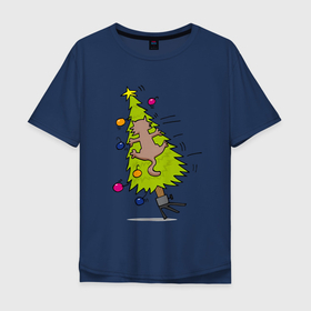 Мужская футболка хлопок Oversize с принтом Кот проказник на новогодней ёлке в Тюмени, 100% хлопок | свободный крой, круглый ворот, “спинка” длиннее передней части | Тематика изображения на принте: 