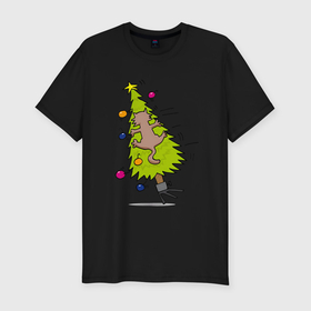 Мужская футболка хлопок Slim с принтом Кот проказник на новогодней ёлке в Курске, 92% хлопок, 8% лайкра | приталенный силуэт, круглый вырез ворота, длина до линии бедра, короткий рукав | Тематика изображения на принте: 